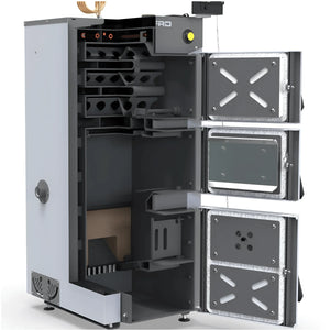 Offener, mehrstufiger grauer und schwarzer Holzvergaser für den Defro Firewood Plus 12 kW Scheitholzkessel