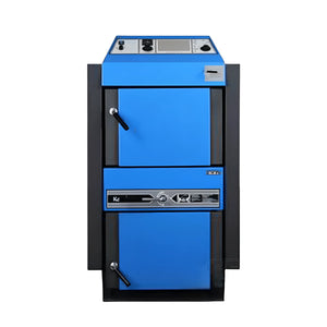 Blaue und schwarze Festbrennstoffheizung atmos KC35S Kohlevergaserkessel für Holz und Kohle