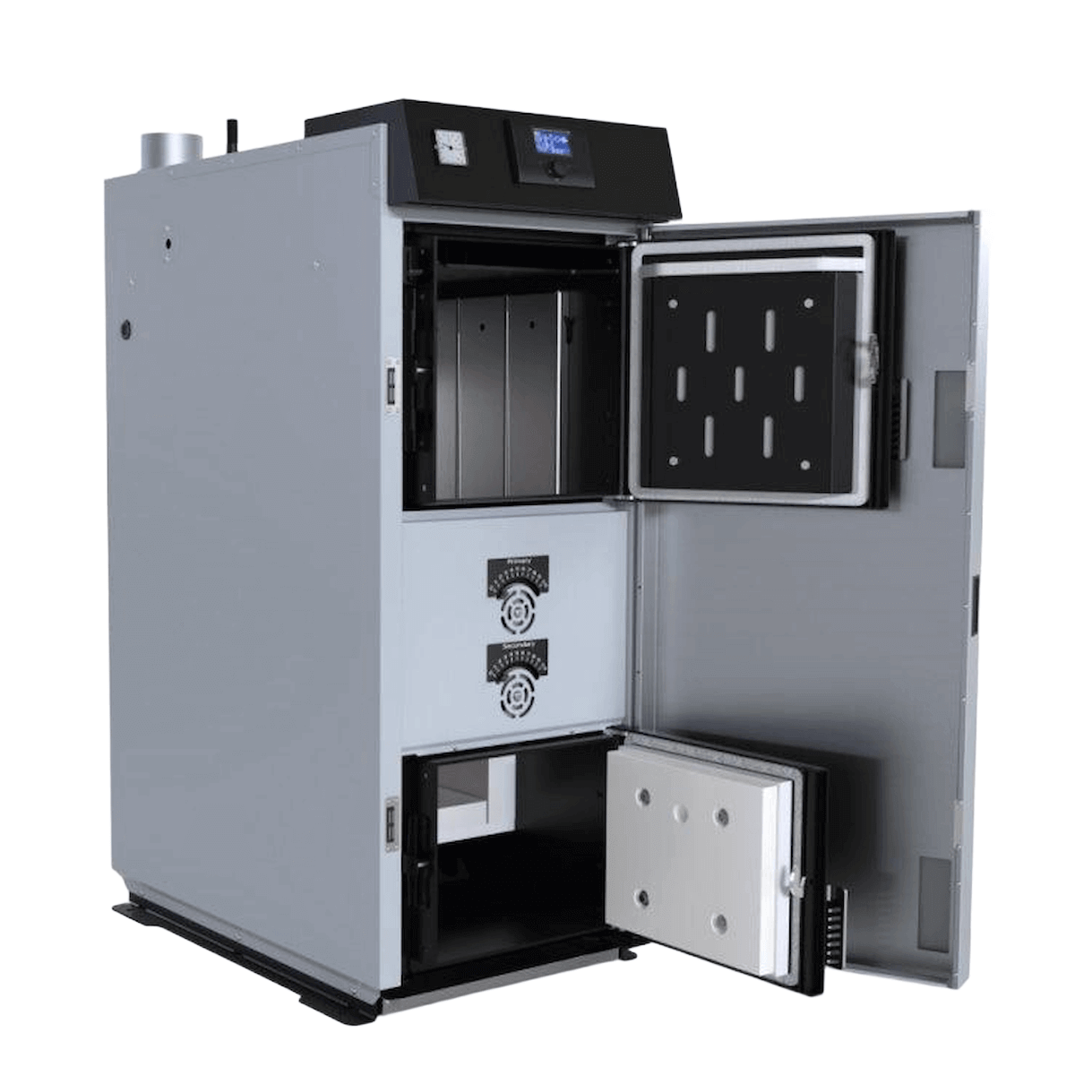 Offener grauer Ofen des Defro Optima HG Holzvergaserkessels 19 kW