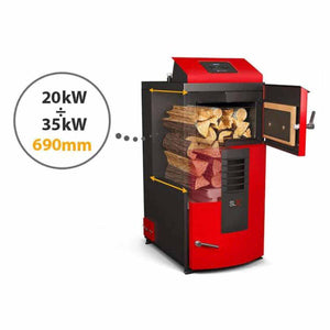 Rote und schwarze Holzofenboiler für effiziente Ofenheizung im Produkt Attack SLX Combi 25 kW