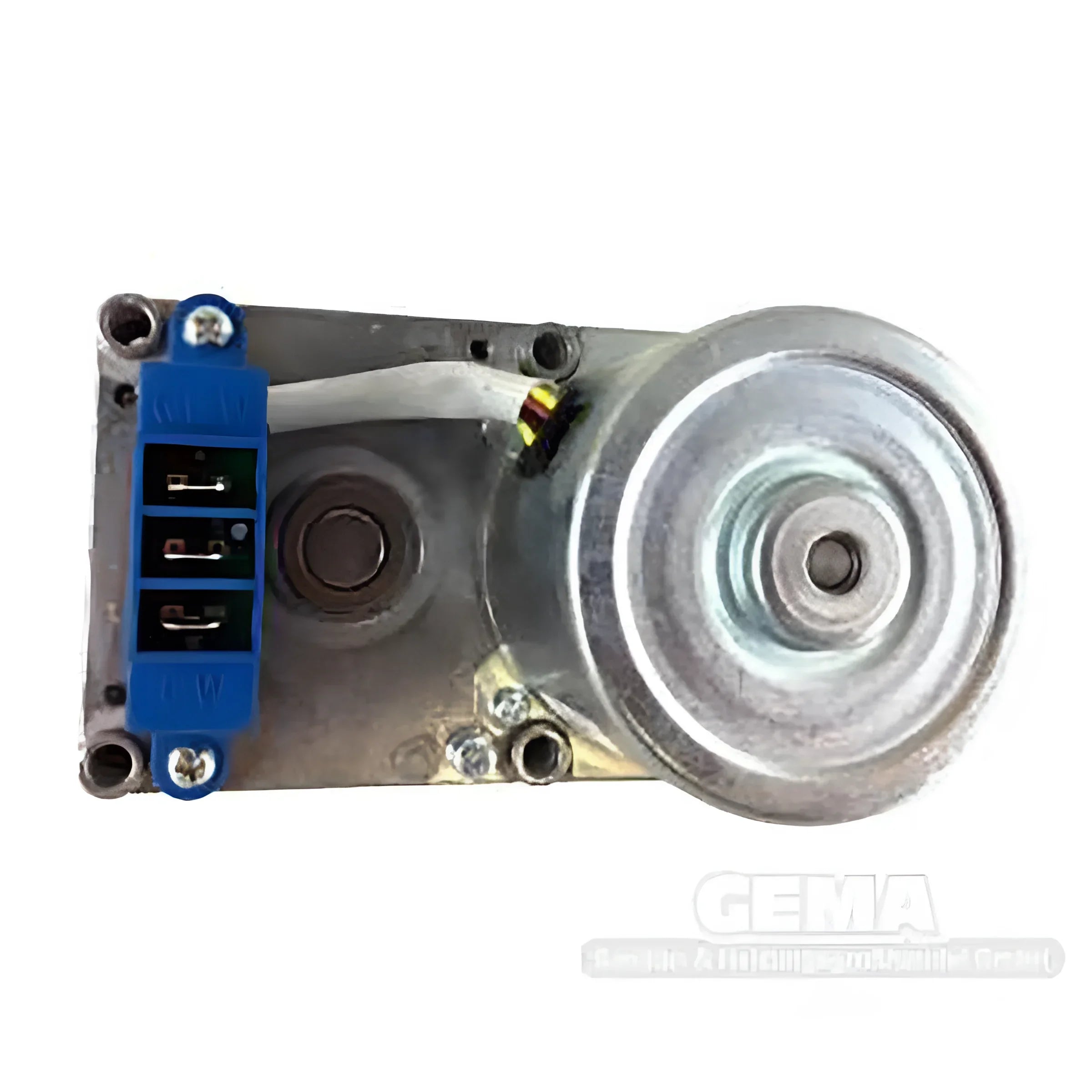 Silberner Schneckenmotor mit blauer Elektronikverbindung und Flachriemenscheibe