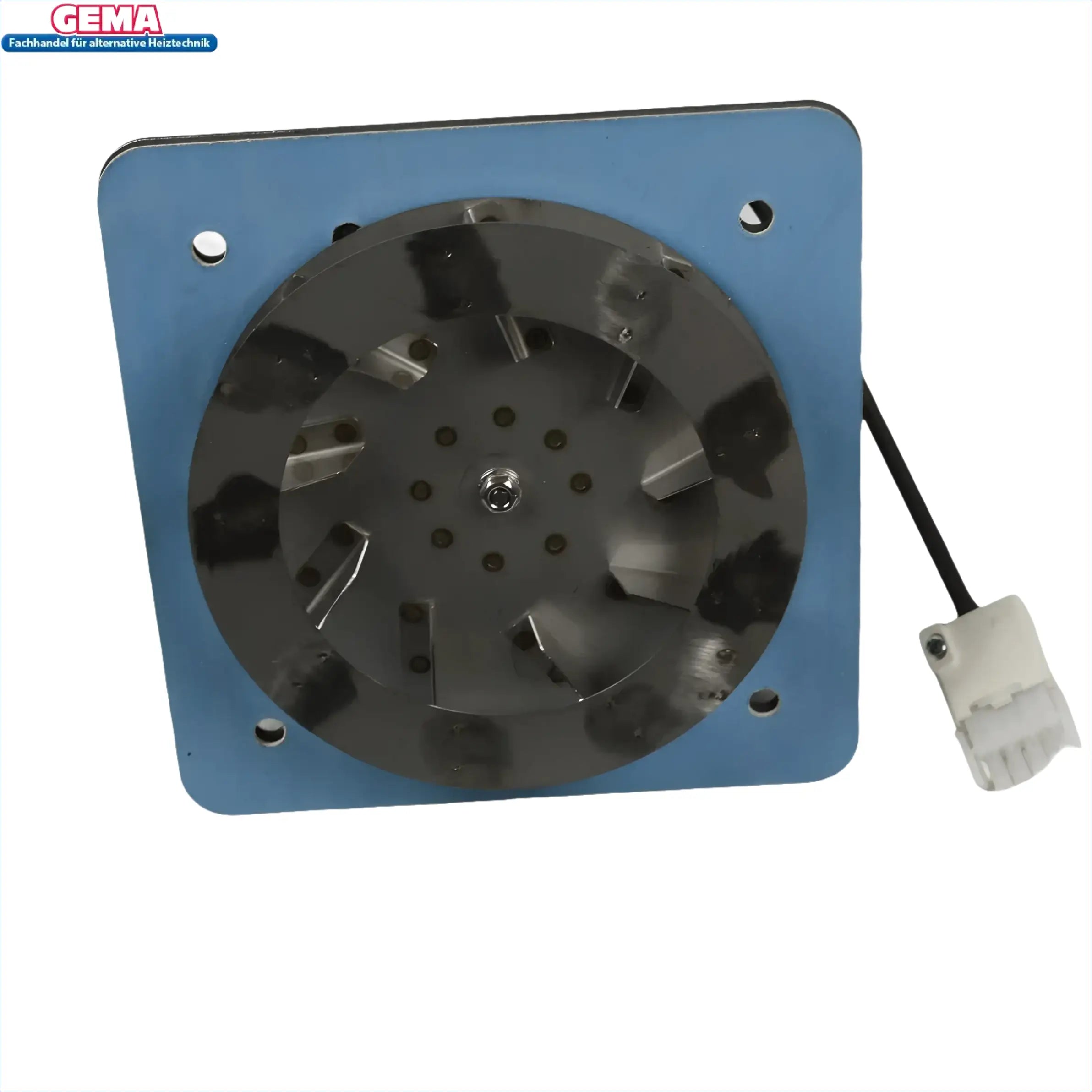 Blaue quadratische Platte mit Schwarzem Ventilator und Anschluss für Attack Wood Pellet Gebläse