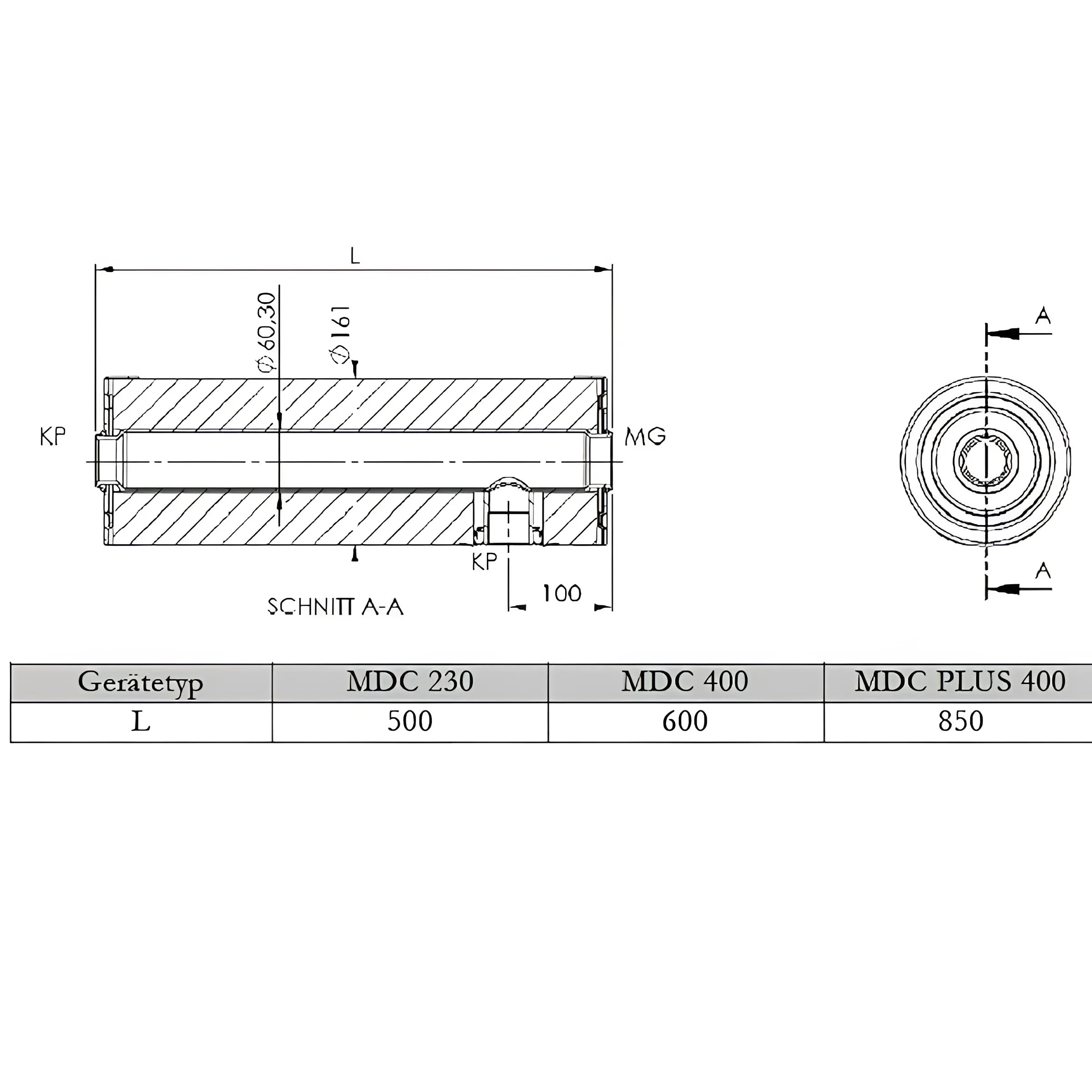 Technische Zeichnung eines zylindrischen Nachheizmoduls mit Maßen für Notheizung Durchlauferhitzer 1 1/2 Zoll MDC