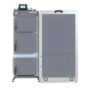 Grauer und weißer Industrieofen für effiziente Holzheizung im Kombikessel Defro Komfort Ekopell 25 kW