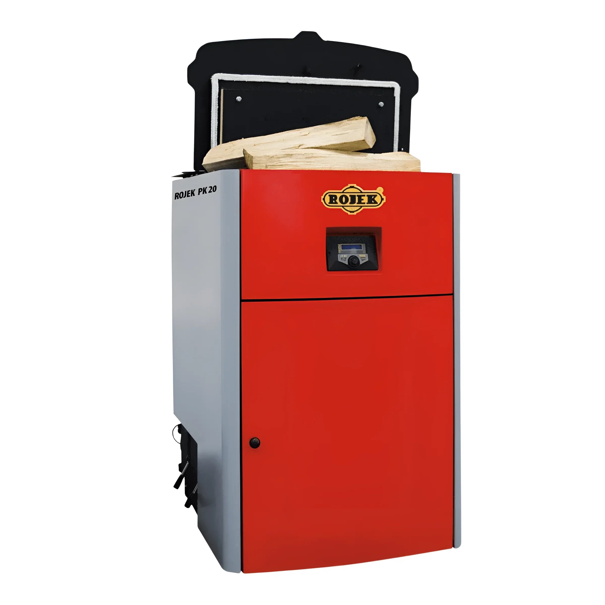 Rojek PK BIO Holzvergaser 🔥 für Brennholz und feste Brennstoffe, topmoderner Heizkessel in Rot und Grau