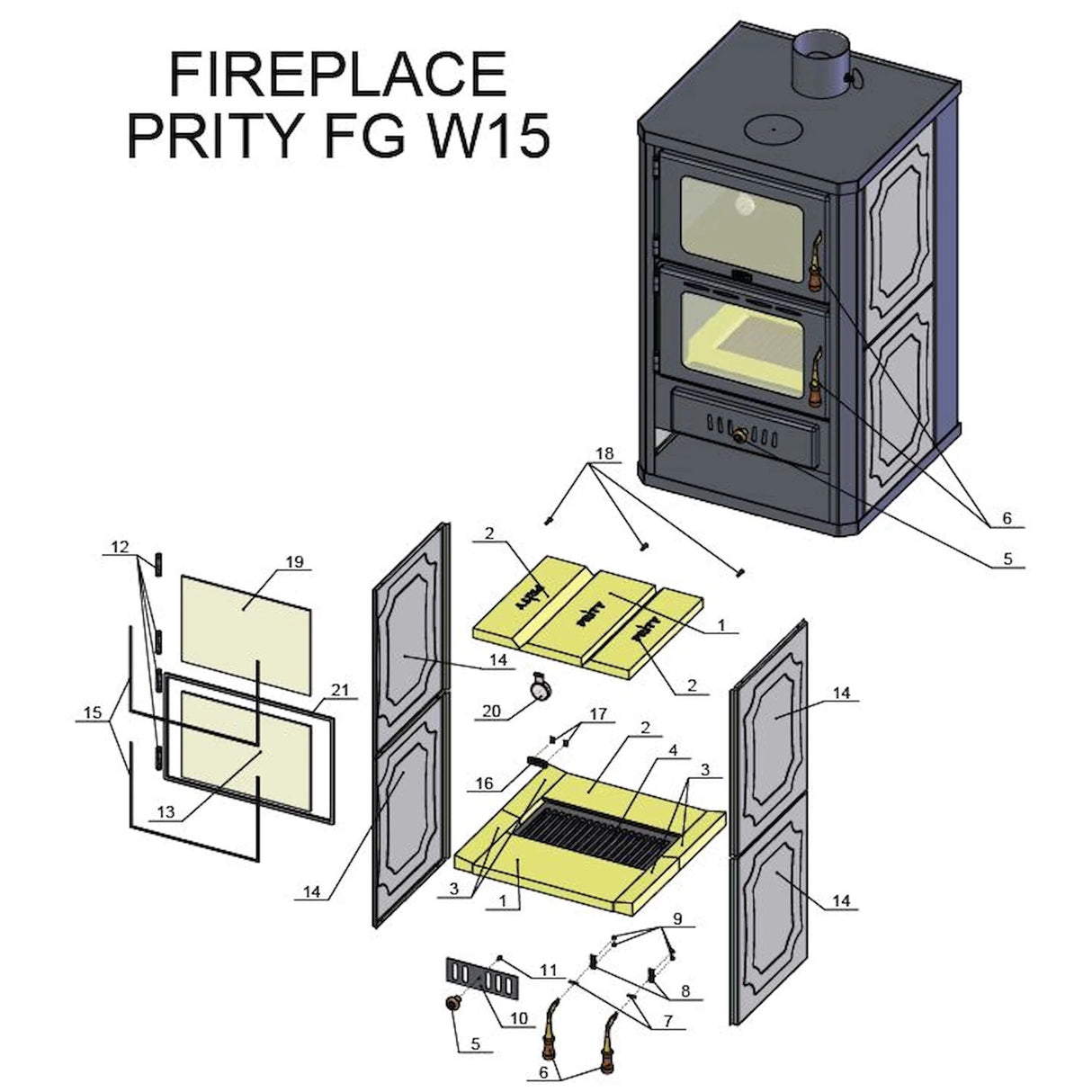 Wasserführender Kaminofen mit Backfach Prity FGW15 - 19,8 kW - GEMA Shop