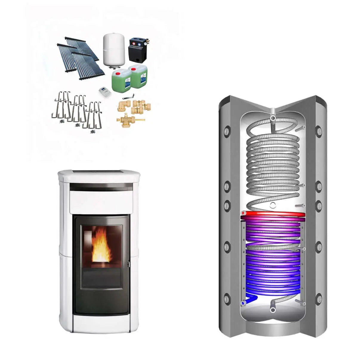 Kamin Set mit 🔥 Kaminofen, Solar- und Heiztechnologie für effiziente 🔄 Wärme und gemütliches Zuhause 🏡.