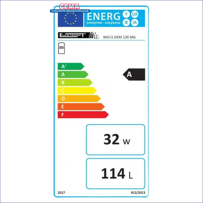 Energieeffizienzlabel am Warmwasserspeicher 120 Liter mit 1,5 kW Heizstab