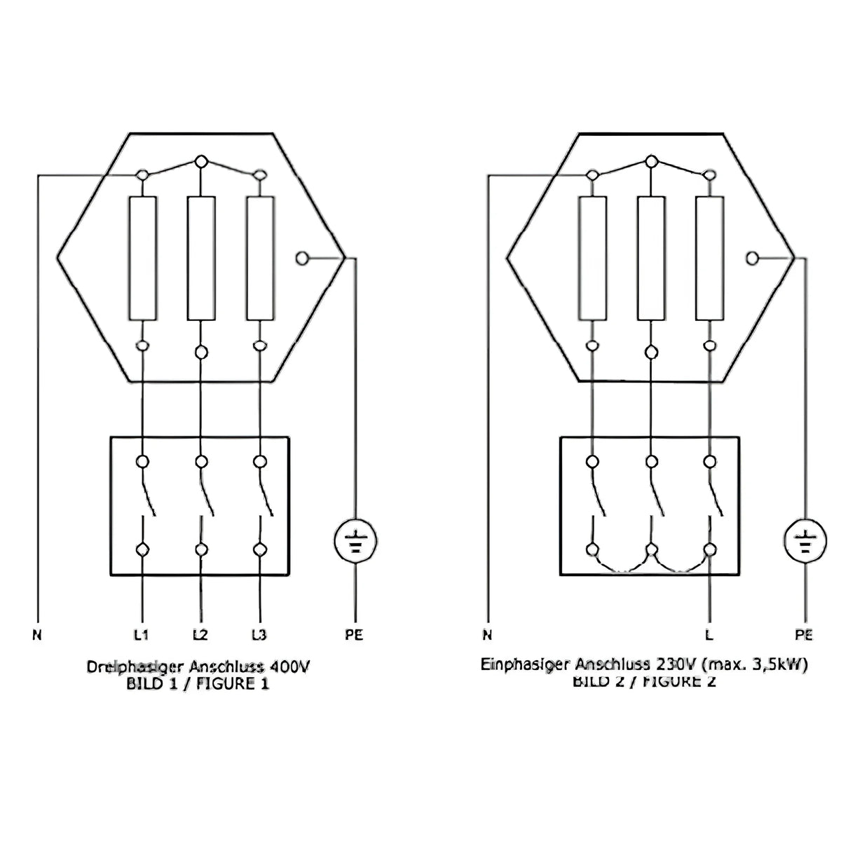 Elektrische Verdrahtungsdiagramme für Elektroheizstab Heizpatrone 2,5 kW AG 1 ½“ PV
