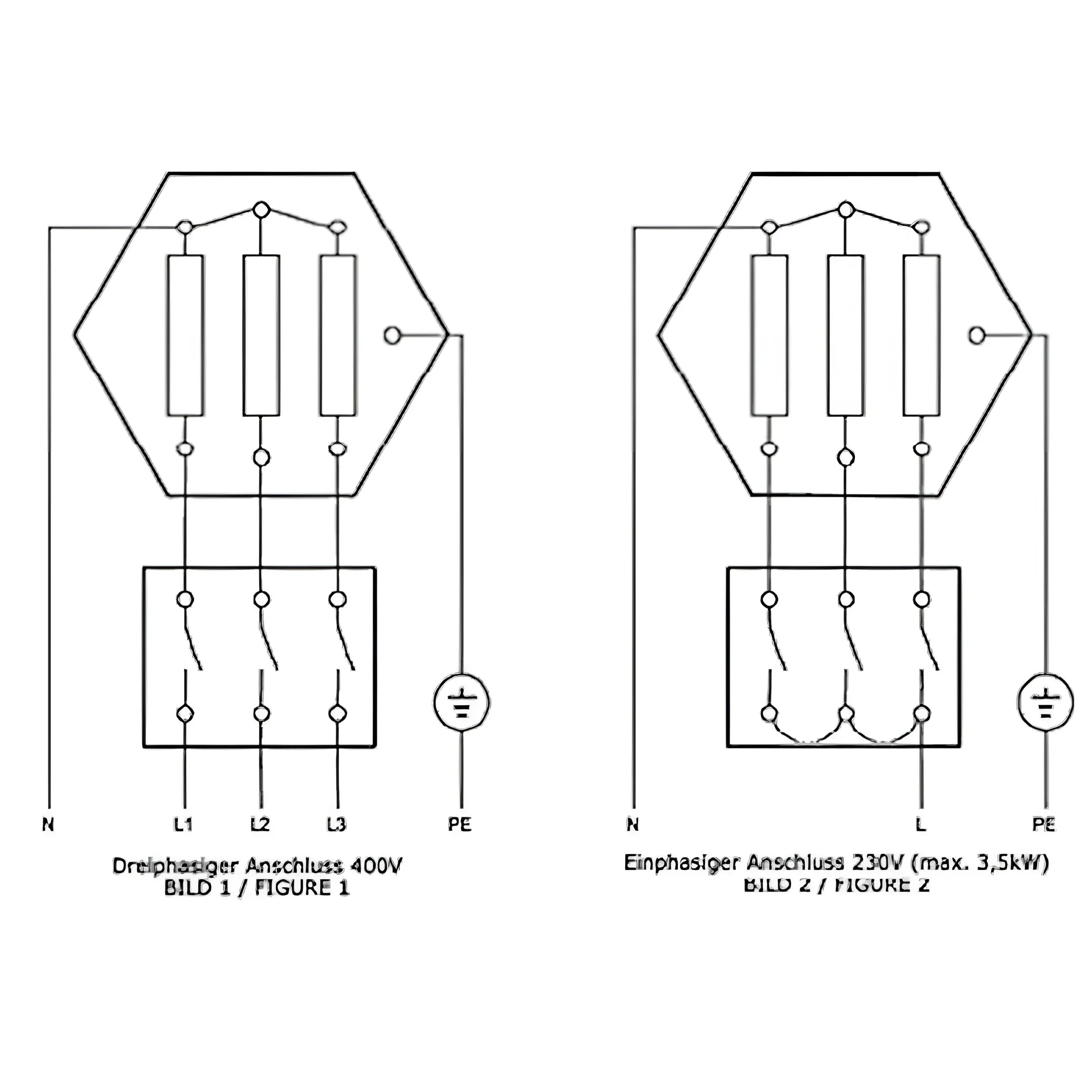 Elektrische Verdrahtungsdiagramme für Elektroheizstab Heizpatrone 2,5 kW AG 1 ½“ PV