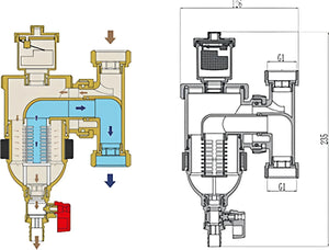 Cutaway view of Schlammabscheider DN 25 wita trap magnet mit Maßangaben