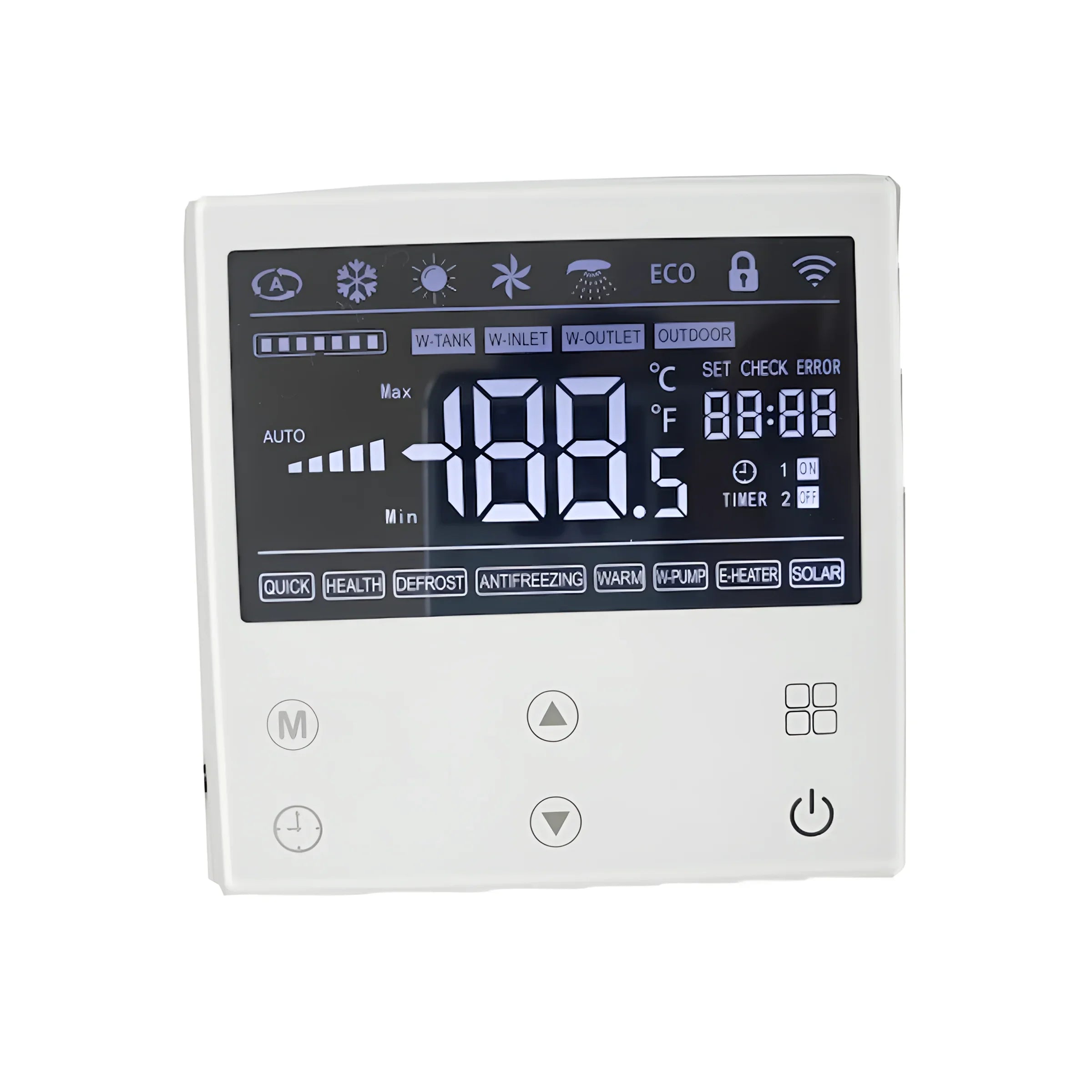 Digitales Steuergerät für Wärmepumpen mit Temperaturanzeige 🌡️ und verschiedenen Funktionen wie Auto, Eco und Timer.