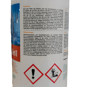 Behälter mit Pool-Chlor-Tabletten, Anweisungen und Warnhinweisen für 5-Phasen Pflege