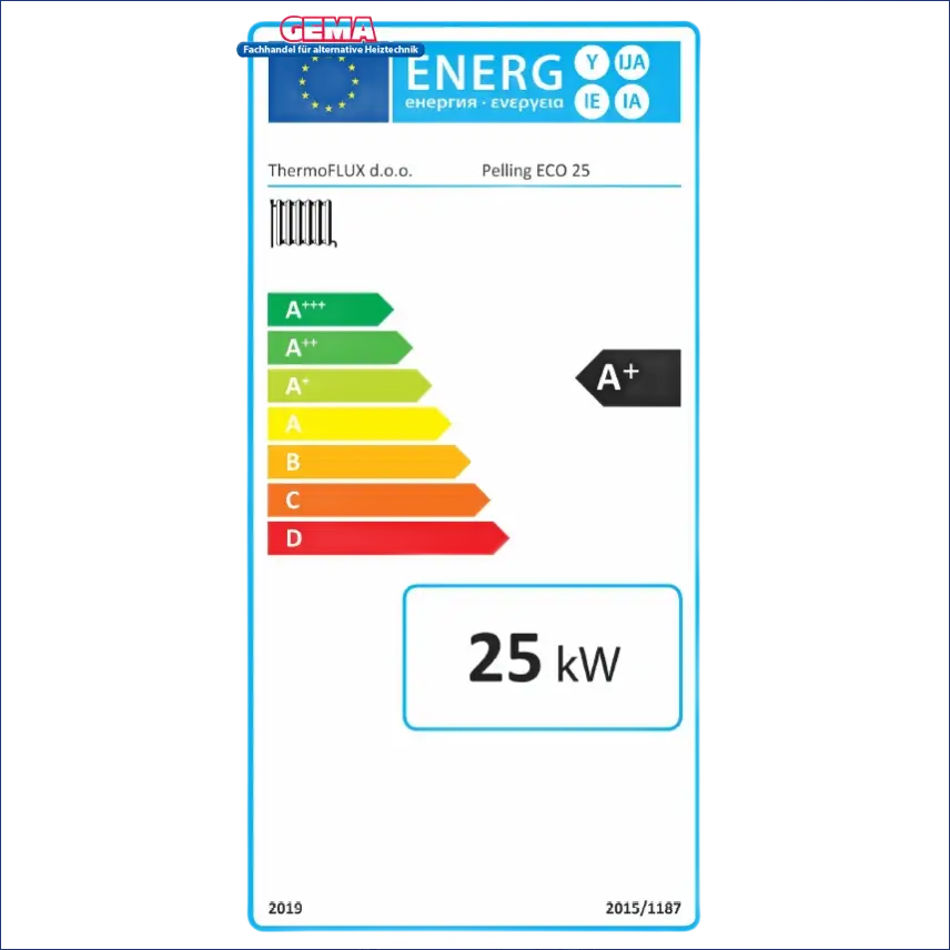 Energieeffizienzlabel der Pelletheizung Pelling 25/135 mit Pufferspeicher und Zubehör
