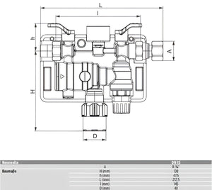 Technische Zeichnung der automatische Heizungs-Füllarmatur BA 6628 Plus DN20 mit Maßen