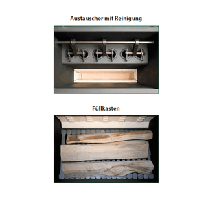 Innenansicht des Holzvergaser ROJEK PK BIO 30 mit Brennstoff und Flammen sichtbar