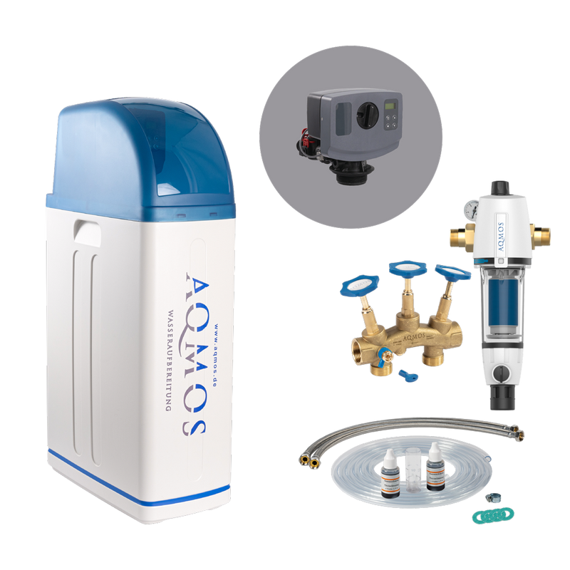 Water softening system AQMOS R2D2-48 set with backwash filter, connection set and mounting block