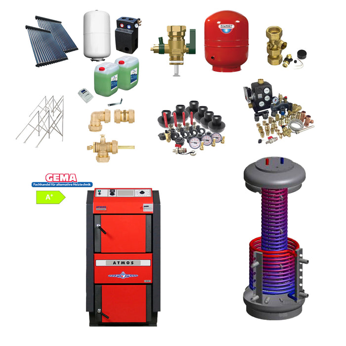Holzvergaser Atmos GS + Speicher + Röhrenkollektor für Flachdach 14,44 m²