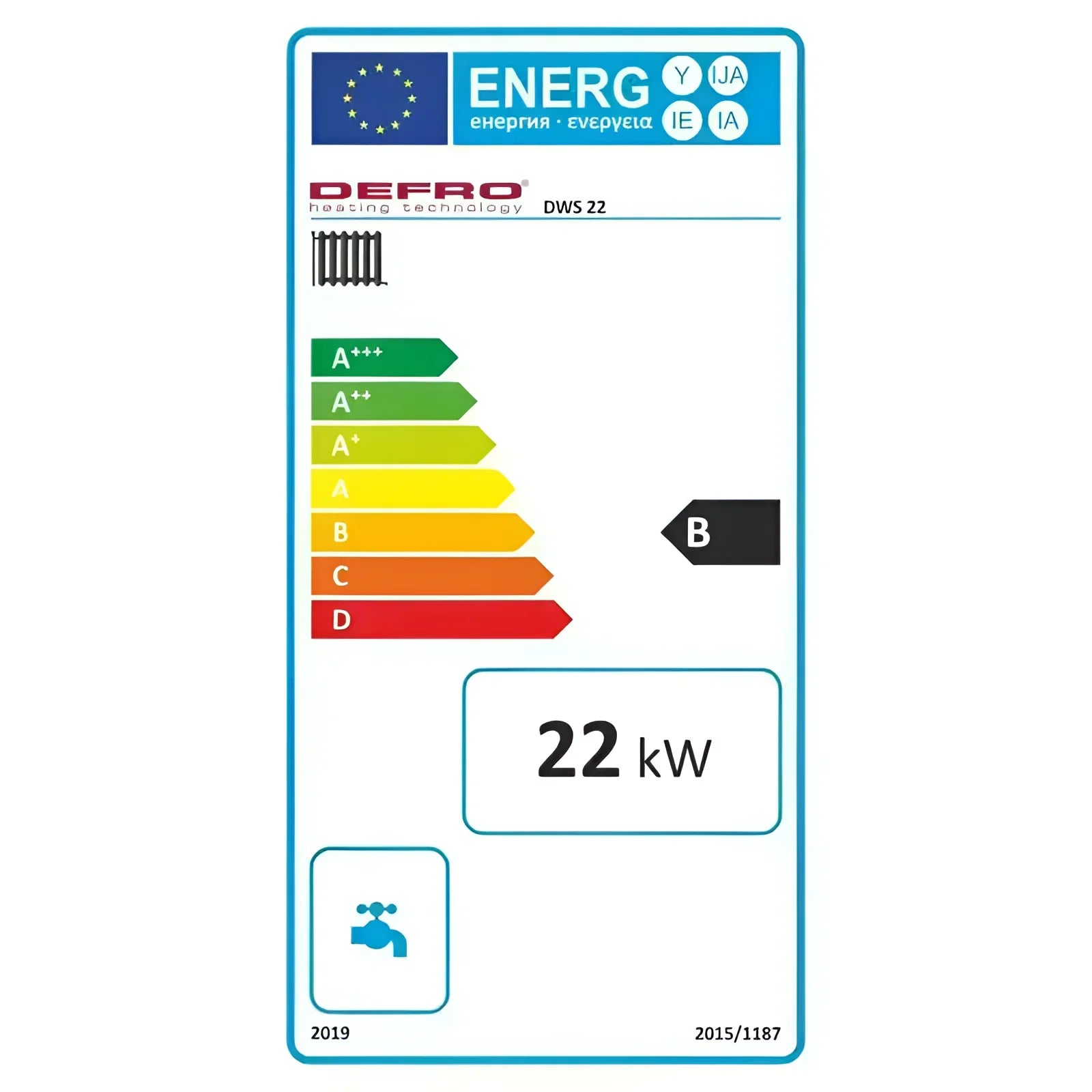 Energielabel für Festbrennstoffkessel Defro DWS 22 kW mit Energieeffizienzklasse B