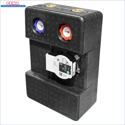 Schwarzer isolierter Heizungsverteiler mit Pumpe und Manometern für GEMA Pumpengruppe DN25 mit Kugelhan