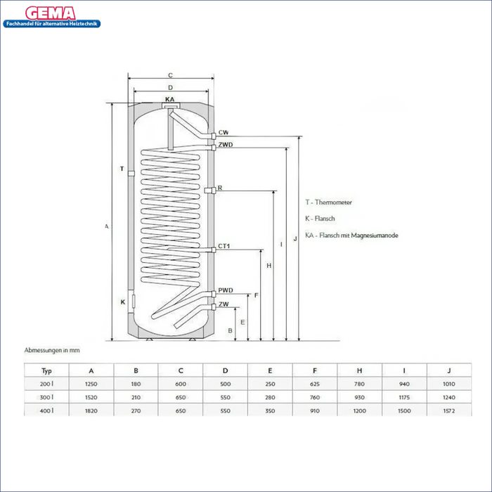 Wasserboiler Diagramm mit Abmessungen für Brauchwasserspeicher Maxi SE Defro