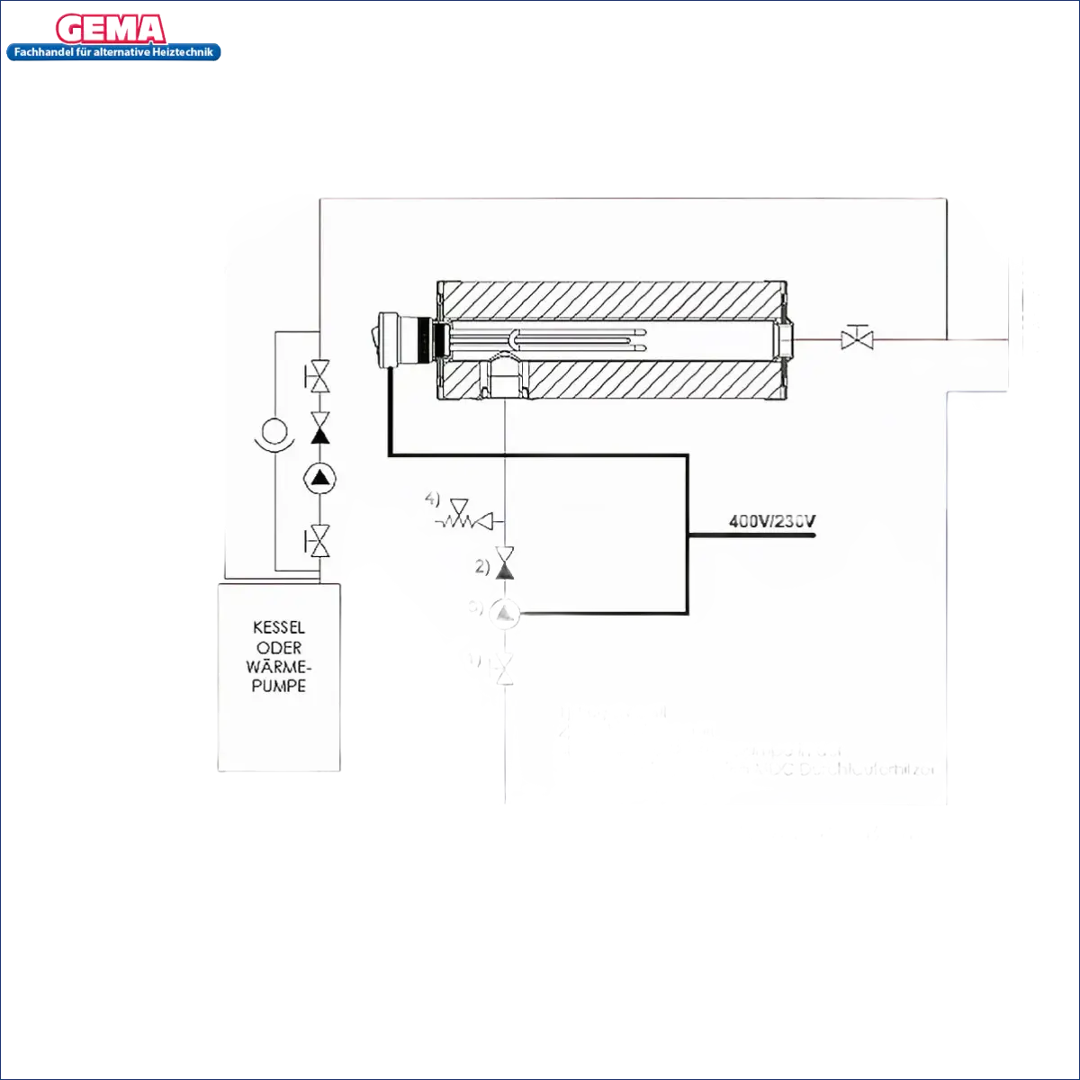 Diagramm des Heizsystems für Durchlauferhitzer MDC 400 plus Elektroheizstab 6 kW