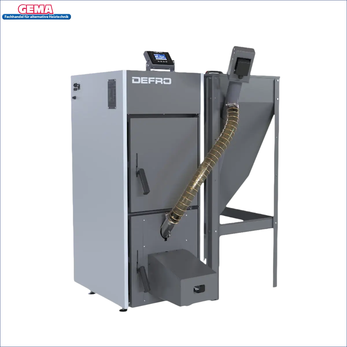 Grauer und weißer Pelletkessel mit Hopper für Pelletsystem NEXTPELL+ 16 kW