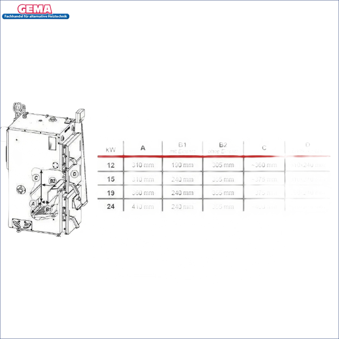 Technisches Diagramm mit Abmessungen für Defro Firewood Plus 19 kW Heizgerät