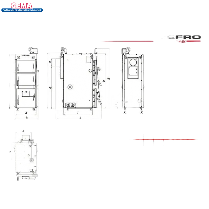 Technische Zeichnung eines Holzofenboilers mit Abmessungen für Defro Firewood Plus 19 kW