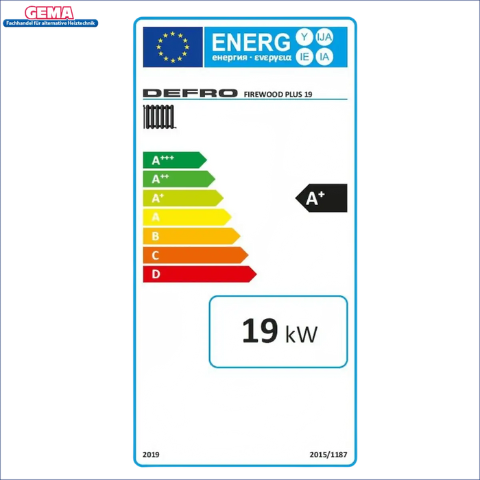 Energieeffizienzlabel für Holzofen Defro Firewood Plus 19 kW