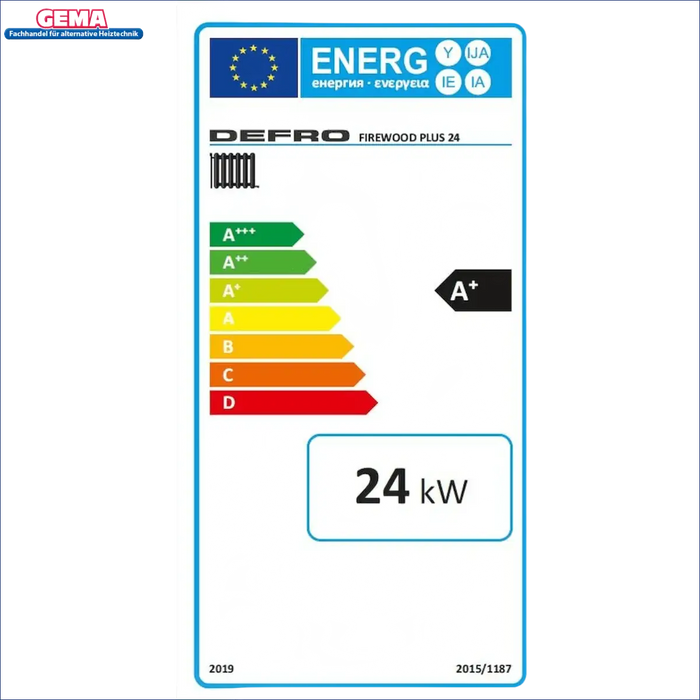 Energieeffizienzlabel für den Defro Firewood Plus 24 kW Kaminofen