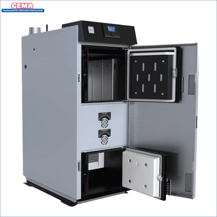 Graue Industrieheizung mit offenen Türen für den Defro Optima HG Holzvergaserkessel 25 kW