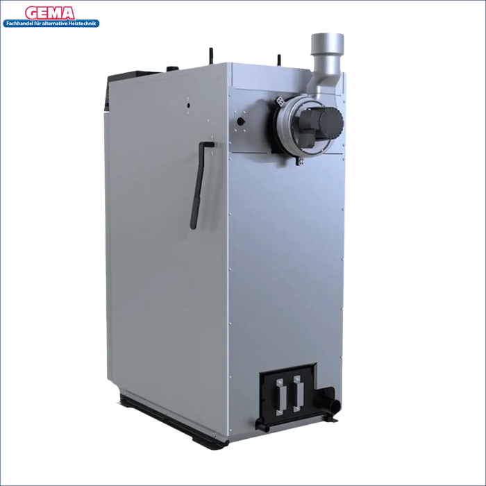 Silberfarbener industrieller Kessel mit schwarzen Akzenten für Defro Optima HG 25 kW