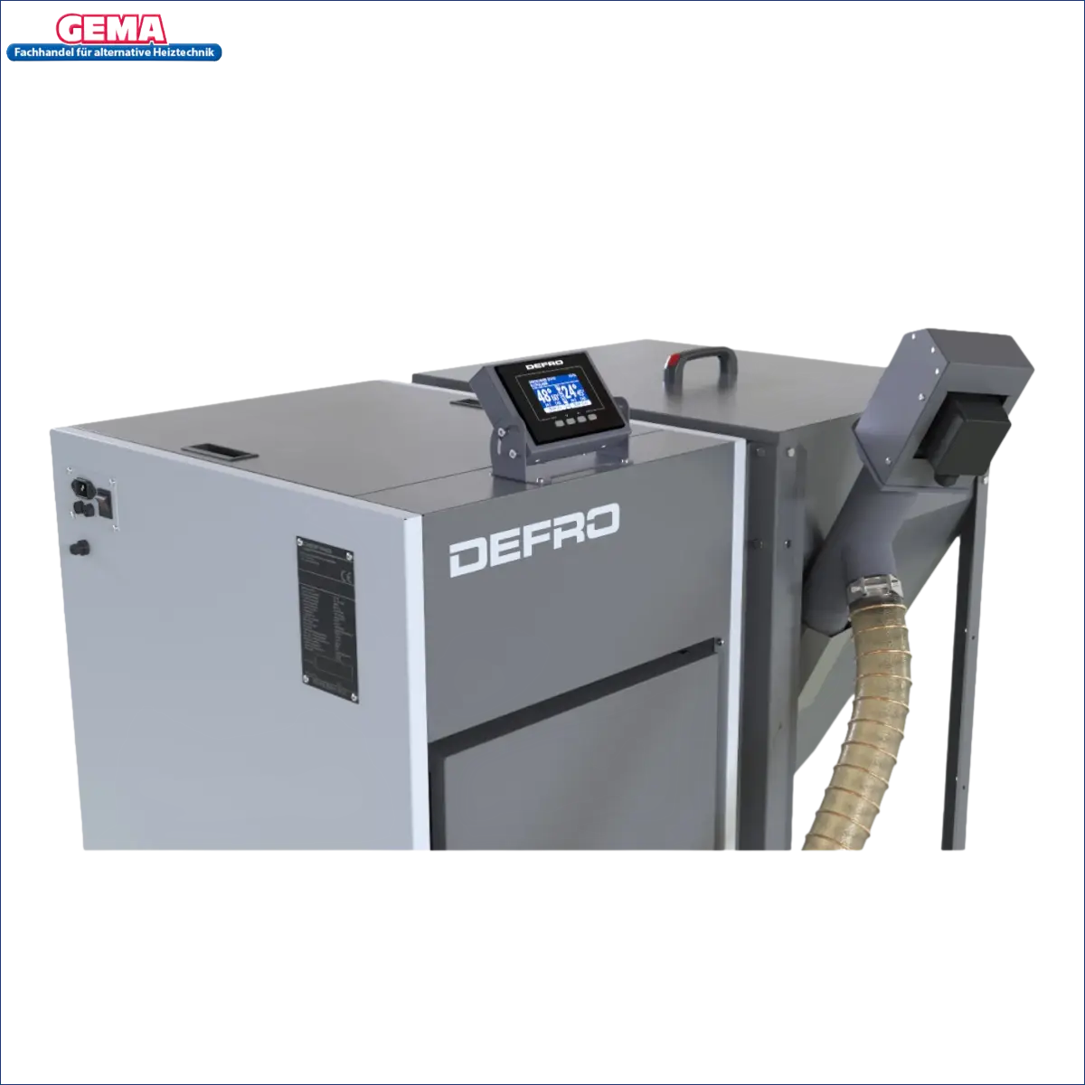 Graue und weiße Industrieanlage mit Digitalanzeige und flexiblen Schlauch für Pelletkessel NEXTPELL+ 20 kW