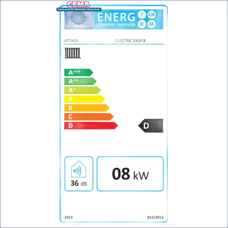 Energieeffizienz-Label am Elektrokessel ATTACK Electric Easy 8 kW bar max