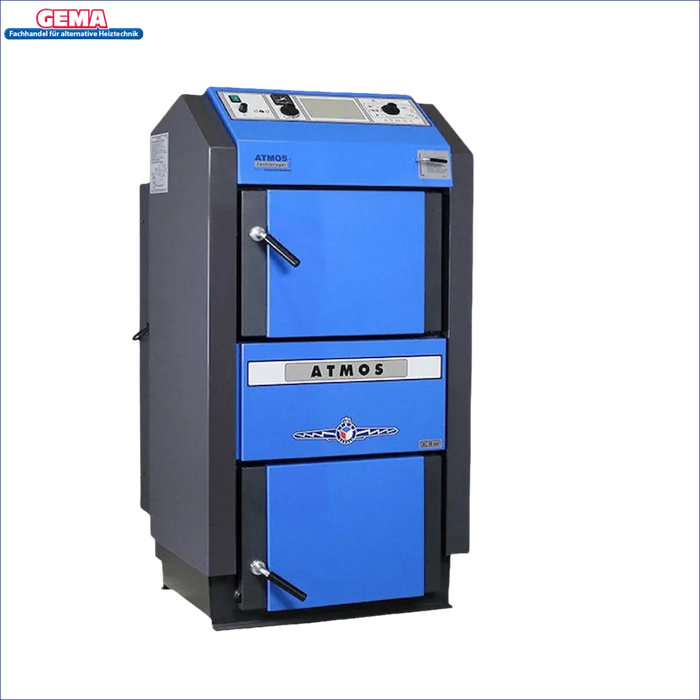 Blaue und graue Festbrennstoffheizung Holzvergaser Atmos DC 50GSE im Einsatz
