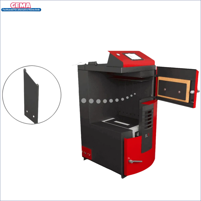 Rot- und schwarze Holzvergaserkessel mit offenem Tür für Holzvergaser Attack SLX Lambda Touch 25 kW