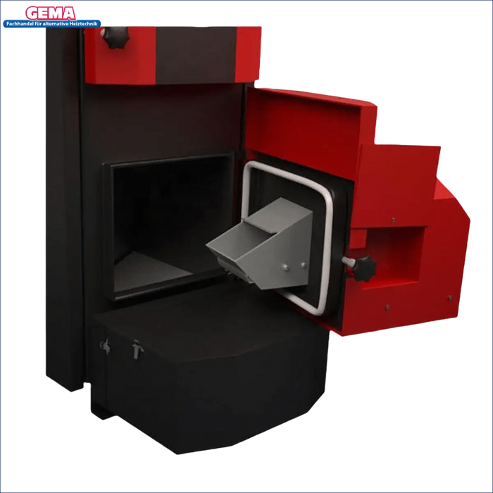 Roter und schwarzer Holzvergaser mit offenem Tür, Pelletheizung Attack Pellet 30 Automatic Plus