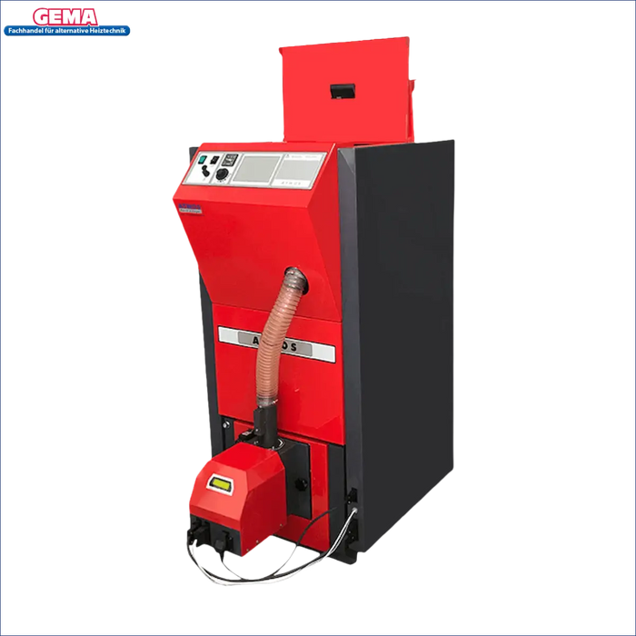Roter und schwarzer Pelletkessel ATMOS PX20 Förderfähig für effiziente Heiztechnik