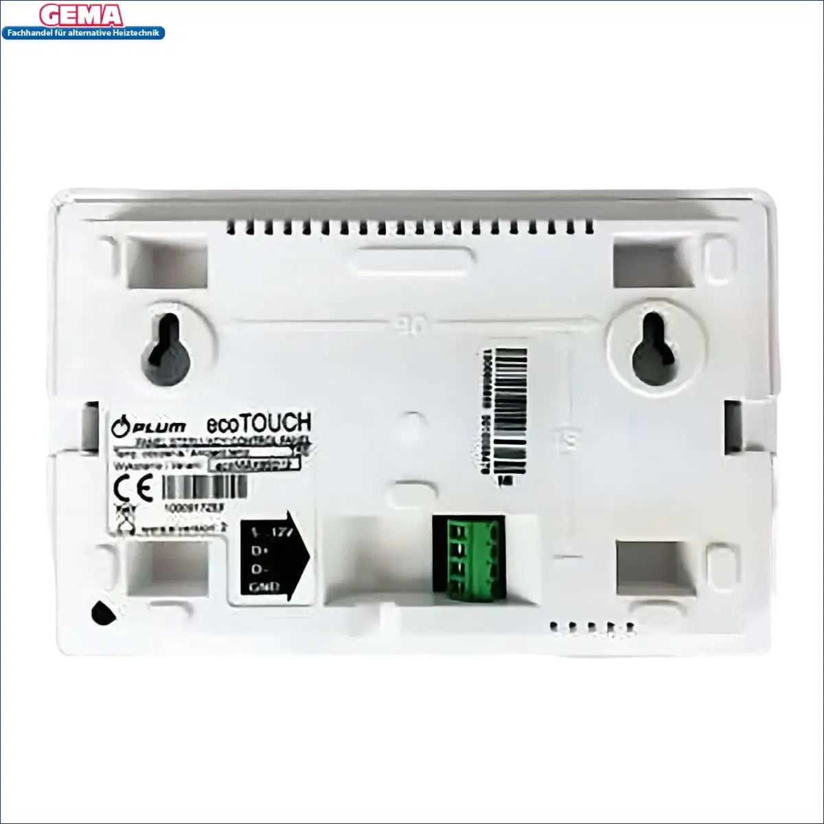 Weiße wandmontierte Steuerung mit grünem Klemmenblock für PLUM ecotouch Raumthermostat Erweiterung GC920