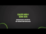 Hocheffizienz-Entlüfter CALEFFI HED® in grüner Schrift auf schwarzem Hintergrund.