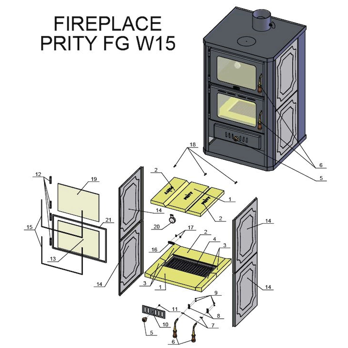 Vandens čiurkšlinė malkomis kūrenama krosnelė su kepimo kamera „Prity FG“W15 - 19,8 kW