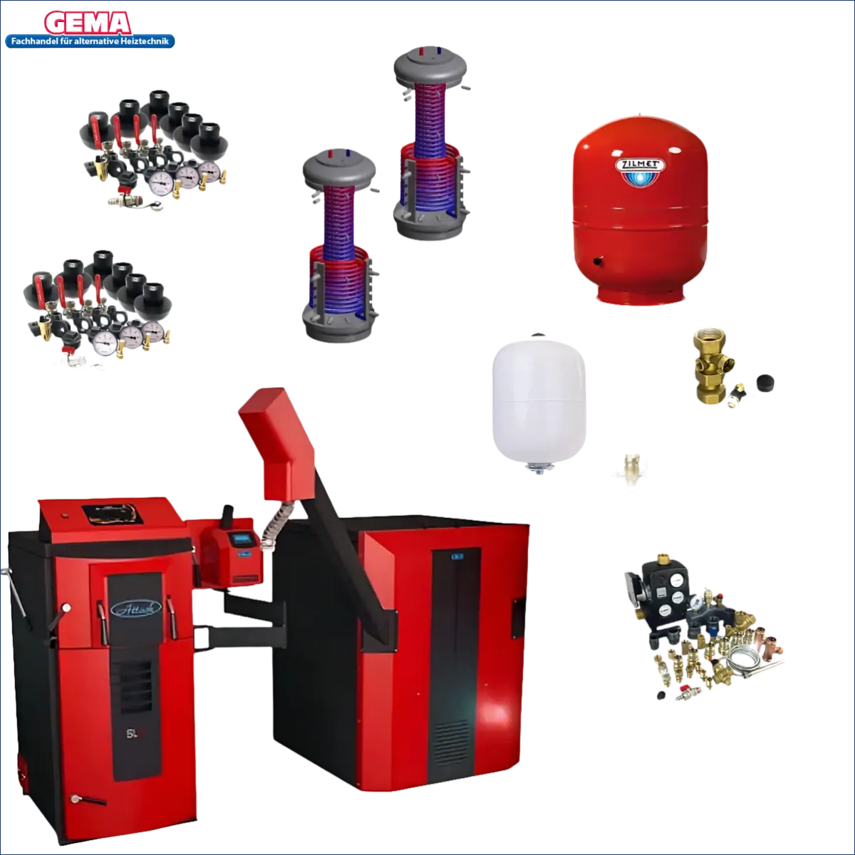 Heizungssystemkomponenten des Rot-Schwarzes Pelletskesselsystems mit Attack SLX Kombikessel