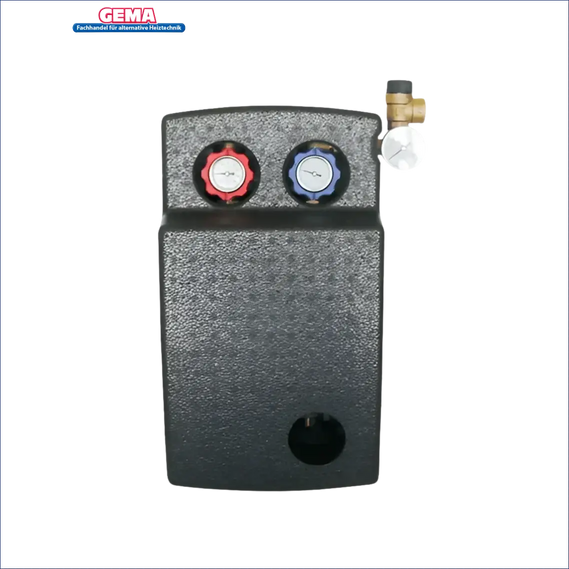 Schwarzer Wärmetauscher mit roten und blauen Ventilen, für energiesparende Lösungen in Heizsystemen 🔴🔵