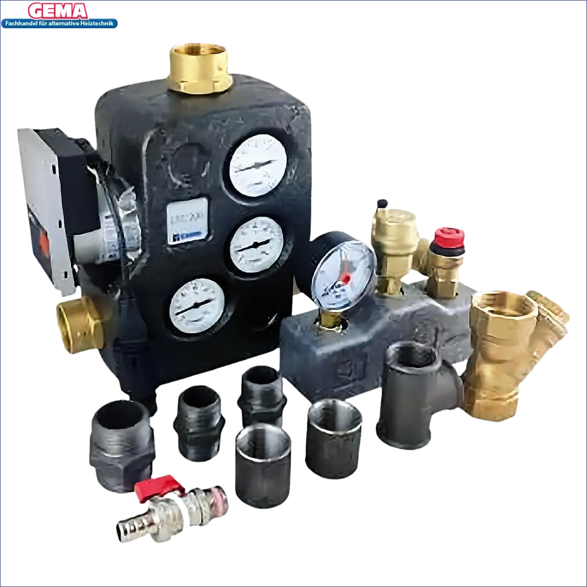 Plumbing manifold mit Messgeräten und Anschlüssen für Thermoflux Pelling 25/75 Plus Hygiene-Frischwasser-Kombispeicher