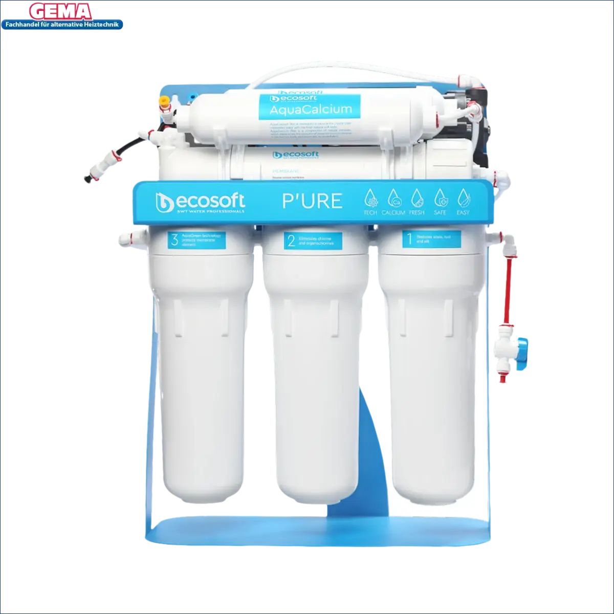 Umkehrosmoseanlage Pure Aquacalcium mit drei weißen Filtern für wohlschmeckendes Trinkwasser