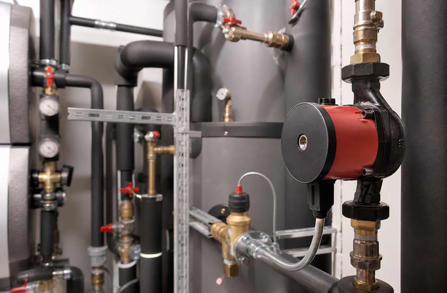 Umwälzpumpe im modernen Heizungsraum mit Rohrleitungen und sauberer technischer Installation
