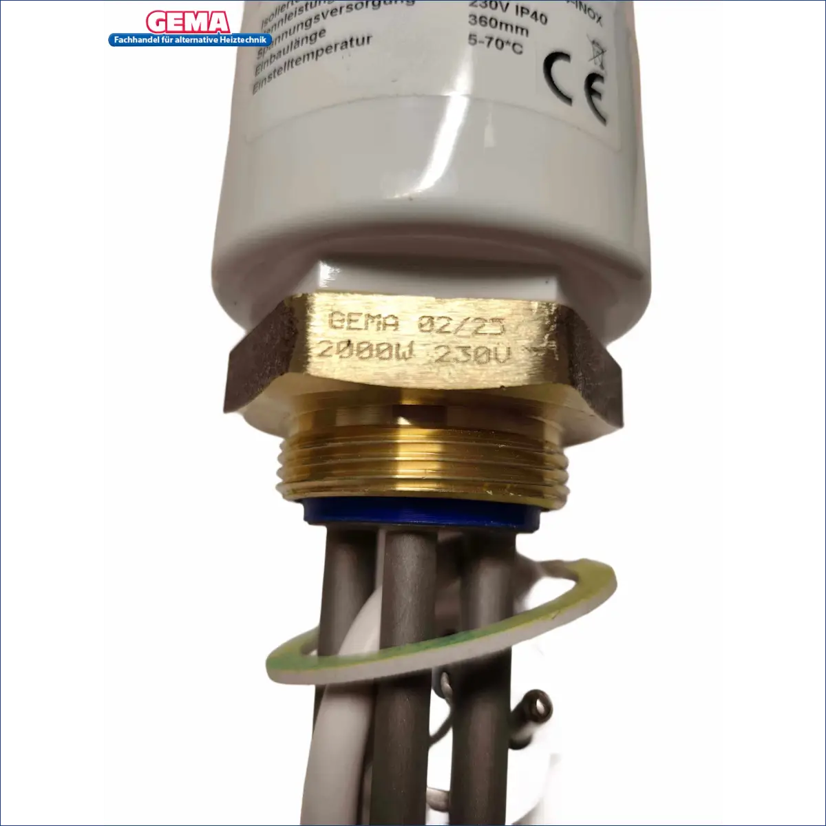 Heizstab 2000W für Warmwasserspeicher mit goldener Ansicht und technischem Label. Effiziente Wassererwärmung 💧⚡