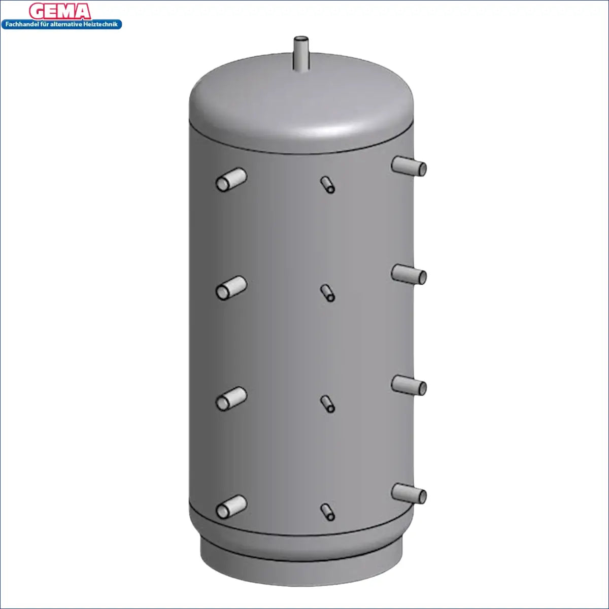 Grauer zylindrischer Pufferspeicher ohne Wärmetauscher mit mehreren Ports, ideal für Boiler-Zubehör